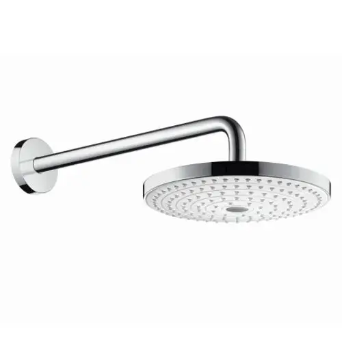 Kopfbrause mit runder, flacher Form und Wandmontage, in Weiß und Chrom von Hansgrohe. Die Brause hat mehrere Düsen für einen gleichmäßigen Wasserfluss.